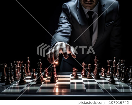 Faceless businessman plays chess. Strategy for success and victory. AI 107016745