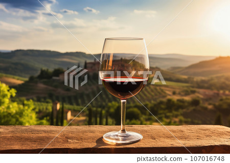 One glass of red wine and green landscape view, product display for wine testing 107016748