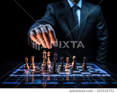Faceless businessman plays chess. Strategy for success and victory. AI 107016752
