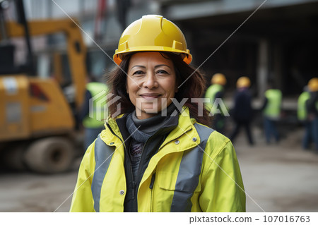 Middle aged Asian female builder worker in hard hat, woman at work Middle aged Asian female builder worker in hard hat, woman at work 107016763