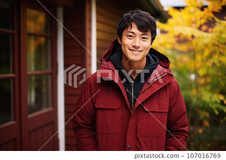 Young Asian man autumn outdoor portrait. Fall season lifestyle concept Young Asian man autumn outdoor portrait. Fall season lifestyle concept 107016769