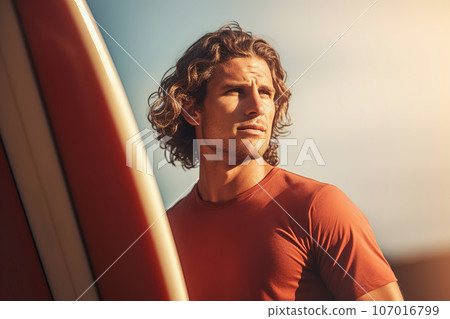Bearded male surfer with surfboard, lifestyle portrait of athlete man Bearded male surfer with surfboard, lifestyle portrait of athlete man 107016799