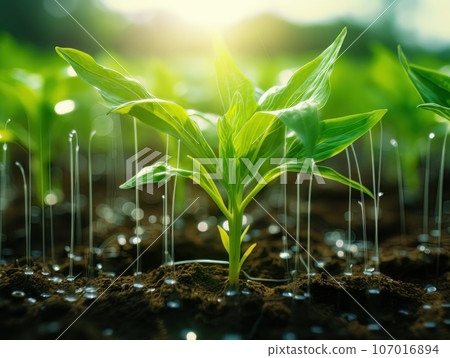Green sprouts in the ground. AI 107016894