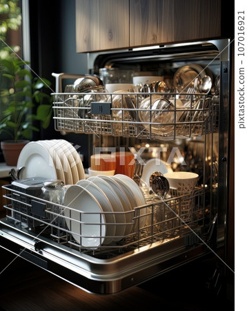 Open dishwasher with clean dishes inside. AI Open dishwasher with clean dishes inside. AI 107016921