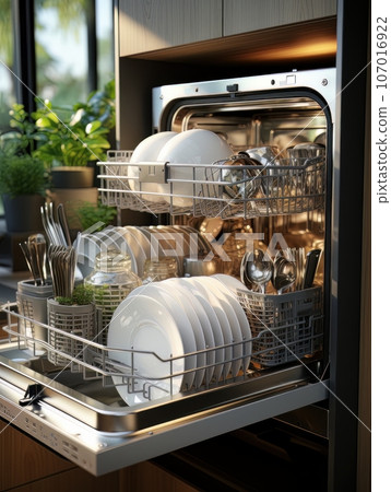 Open dishwasher with clean dishes inside. AI Open dishwasher with clean dishes inside. AI 107016922