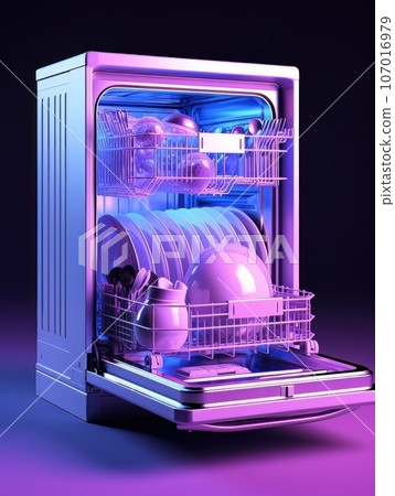 Open dishwasher with clean dishes inside. AI Open dishwasher with clean dishes inside. AI 107016979