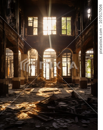 Ruins of abandoned palace or catholic church indoor in the sunshine. AI Ruins of abandoned palace or catholic church indoor in the sunshine. AI 107017006