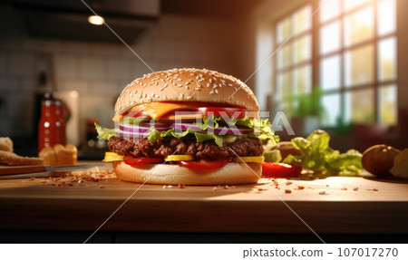 Mouth watering hamburger with fresh ingredients. Created by AI 107017270