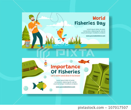Fisheries Day Horizontal Banner Illustration Flat Cartoon Hand Drawn Templates Background Fisheries Day Horizontal Banner Illustration Flat Cartoon Hand Drawn Templates Background 107017507