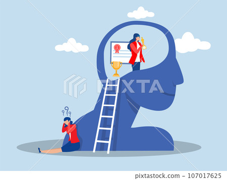 Imposter syndrome.businesswomen present self confidence success different Anxiety and lack of self confidence in head human at work the person fakes is someone else 107017625