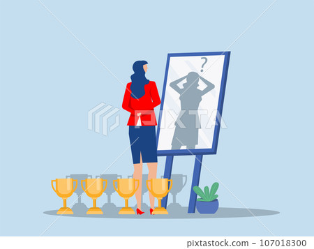 imposter syndrome, businesswoman looking shadow himself through mirror for Anxiety and lack of self confidence at work vector imposter syndrome, businesswoman looking shadow himself through mirror for Anxiety and lack of self confidence at work vector 107018300