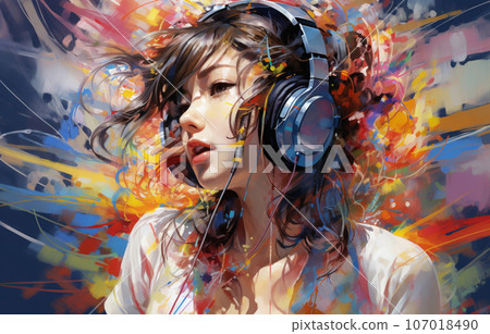 AI-generated image of a Japanese woman listening to music with headphones and colorful paint 107018490