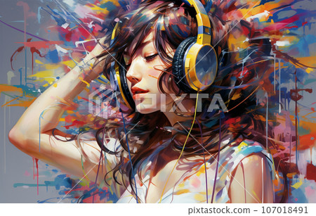 AI-generated image of a Japanese woman listening to music with headphones and colorful paint 107018491