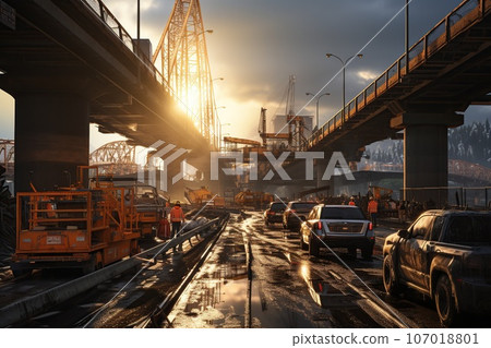 Construction worker wearing safety harness and safety line working Construction worker wearing safety harness and safety line working 107018801