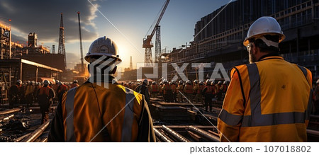 Construction worker wearing safety harness and safety line working Construction worker wearing safety harness and safety line working 107018802