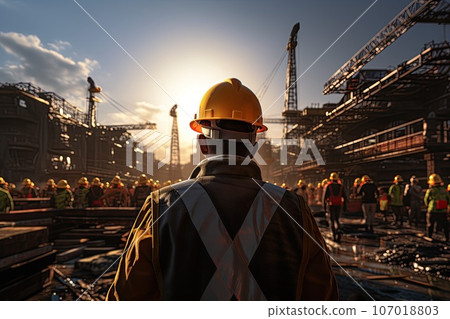 Construction worker wearing safety harness and safety line working Construction worker wearing safety harness and safety line working 107018803
