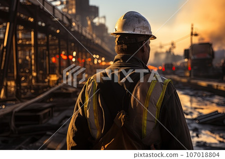Construction worker wearing safety harness and safety line working Construction worker wearing safety harness and safety line working 107018804