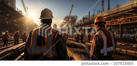 Construction worker wearing safety harness and safety line working Construction worker wearing safety harness and safety line working 107018805