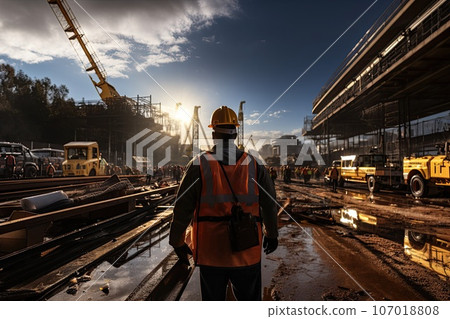 Construction worker wearing safety harness and safety line working Construction worker wearing safety harness and safety line working 107018808