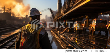 Construction worker wearing safety harness and safety line working Construction worker wearing safety harness and safety line working 107018809