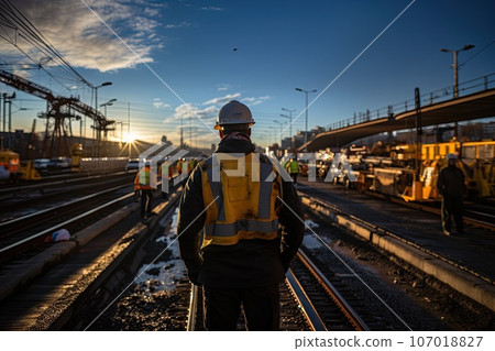 Construction worker wearing safety harness and safety line working Construction worker wearing safety harness and safety line working 107018827