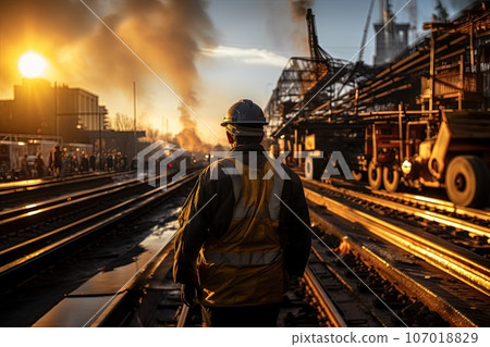 Construction worker wearing safety harness and safety line working 107018829