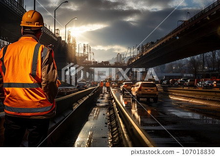 Construction worker wearing safety harness and safety line working Construction worker wearing safety harness and safety line working 107018830