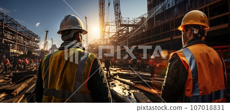 Construction worker wearing safety harness and safety line working Construction worker wearing safety harness and safety line working 107018831