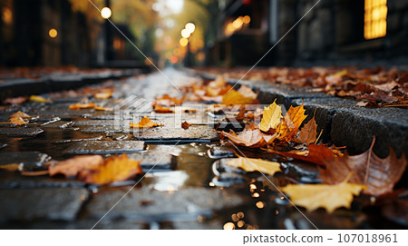 秋天的落葉 落葉堆積在石頭路面上 秋天的落葉壁紙 107018961