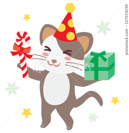 A cat is having fun receiving a present at Christmas 107019299