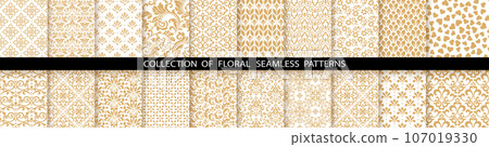 Geometric floral set of seamless patterns. White and gold vector backgrounds. Damask graphic ornaments Geometric floral set of seamless patterns. White and gold vector backgrounds. Damask graphic ornaments 107019330