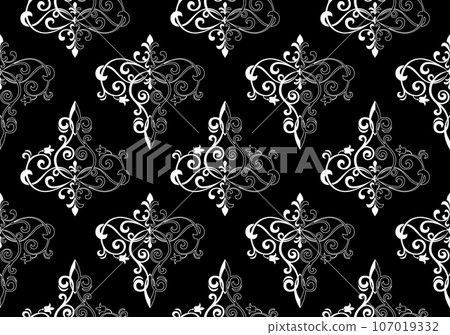 Wallpaper in the style of Baroque. Seamless vector background. White and black floral ornament. Graphic pattern for fabric, wallpaper, packaging. Ornate Damask flower ornament Wallpaper in the style of Baroque. Seamless vector background. White and black floral ornament. Graphic pattern for fabric, wallpaper, packaging. Ornate Damask flower ornament 107019332