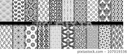 Geometric floral set of seamless patterns. White and black vector backgrounds. Damask graphic ornaments. 107019336