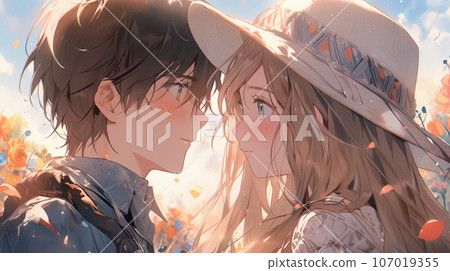 A boy and a girl looking at each other while surrounded by a field of flowers 107019355