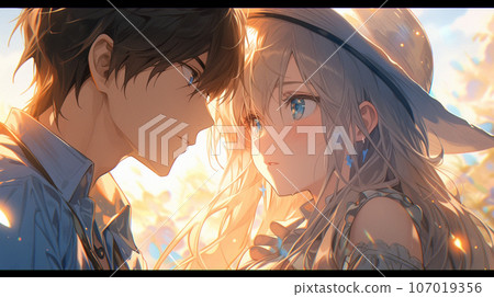 A boy and a girl looking at each other while surrounded by a field of flowers 107019356