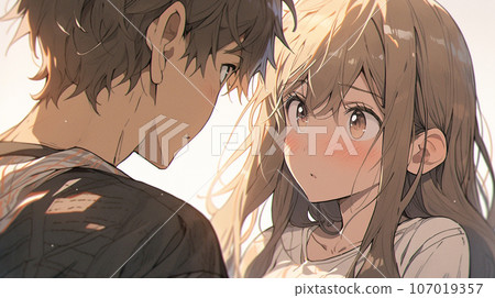 A girl blushes while being surprised by her friend's sudden confession. 107019357