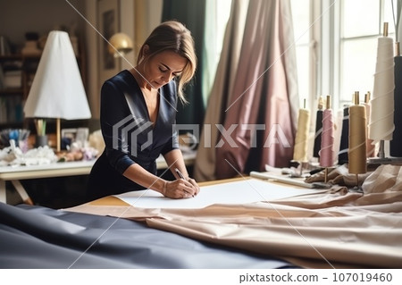 Close-up view of a professional seamstress at work. 107019460
