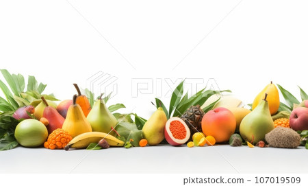 An arrangement of tropical fruits mangoes, papayas, and coconuts evoking a sense of paradise. 107019509