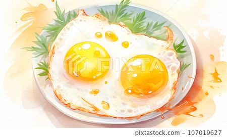 Watercolor illustration of a fried egg on a plate "AI generated image" 107019627