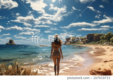 woman in a white dress in a hat and sunglasses 107019715