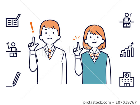 Icon set of male and female students pointing and flashing _upward_ 107019767