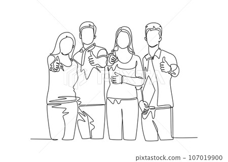 Single continuous line drawing group of happy college students giving thumbs up gesture after studying together at university library. Learn and study in campus life. One line draw vector illustration 107019900