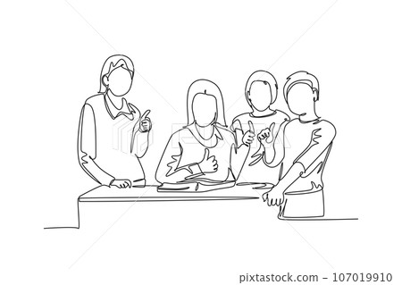 Single one line drawing young happy female elementary school teacher surrounded by her boys and girls student at class. Study education concept. Continuous line draw design graphic vector illustration Single one line drawing young happy female elementary school teacher surrounded by her boys and girls student at class. Study education concept. Continuous line draw design graphic vector illustration 107019910