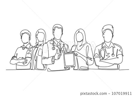 Single one line drawing group of young happy doctor giving thumbs up gesture for best healthcare service in hospital. Medical team work concept. Continuous line draw design graphic vector illustration 107019911