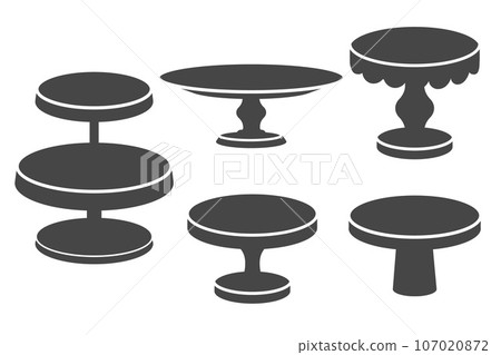 Set of cake stands in flat icon style. Empty trays for fruit and desserts. Vector silhouettes illustration. Set of cake stands in flat icon style. Empty trays for fruit and desserts. Vector silhouettes illustration. 107020872