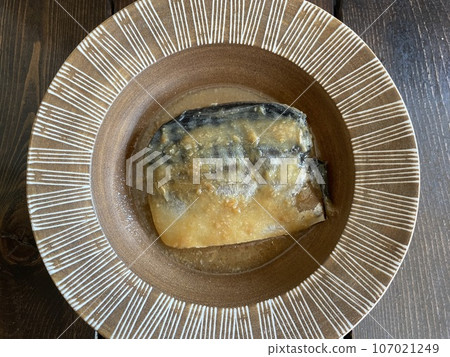 Mackerel simmered in miso: A classic Japanese dish of oily fish simmered in a sweet and savory miso sauce. 107021249