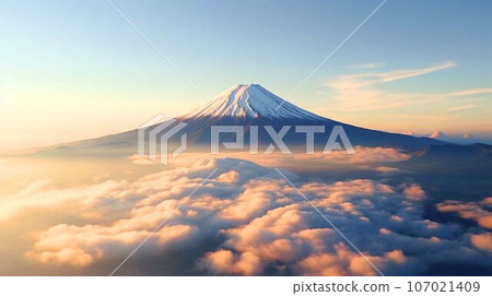 Japanese natural scenery of Mt. Fuji, clouds, sky and high mountains AI-generated image 107021409
