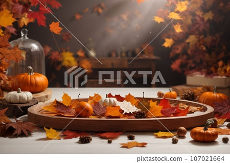 Autumn leaves background with Halloween pumpkin Autumn leaves background with Halloween pumpkin 107021664