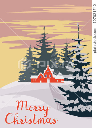 Poster Winter village rural winter snow landscape sunset, retro. Merry Christmas Poster Winter village rural winter snow landscape sunset, retro. Merry Christmas 107021740