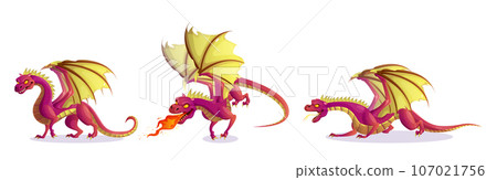 Cartoon set of fairytale dragon with fire breath 107021756